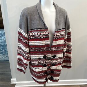 Cozy Fair Isle Toggle Cardigan Sweater - Gray/Red/White